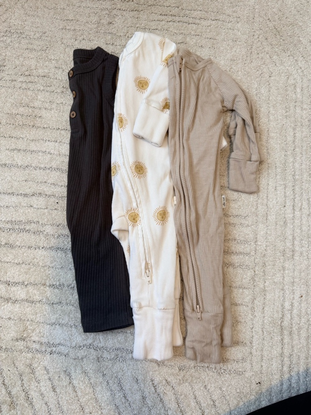 Neutral Ribbed Baby Zipper Rompers - Set of 3